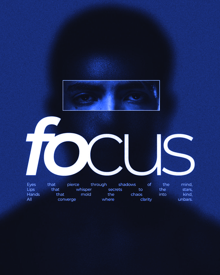 Blue monochrome portrait representing focus